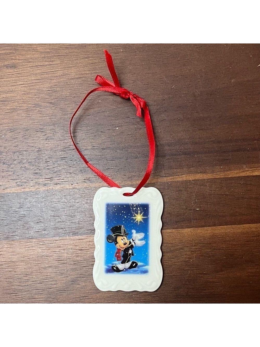 Vintage 2001 Disney Mickey’s Magical Christmas Ornament Ceramic Tag Red Ribbon